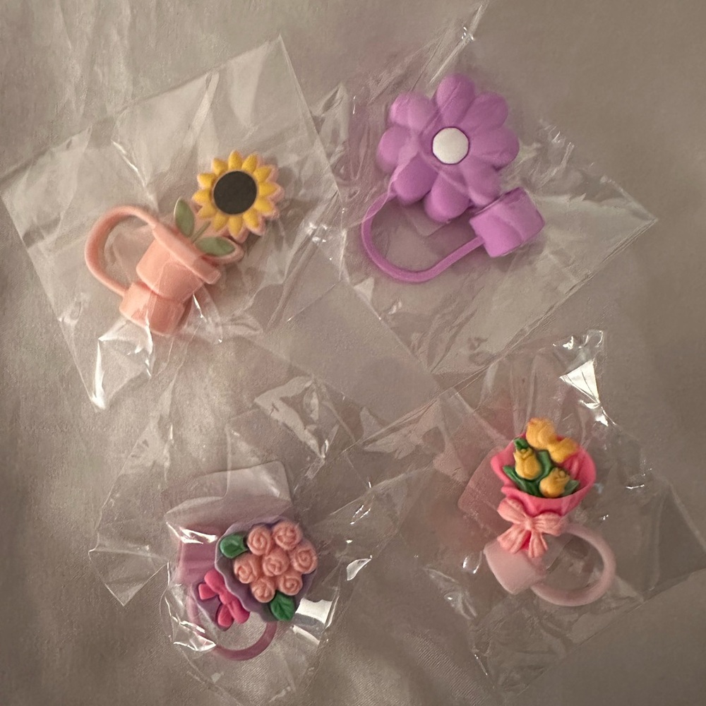 Floral Straw Accessories Set - Pink, Purple, Yellow